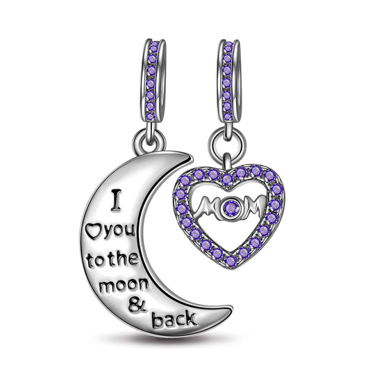 gon- Sterling Silver Moon & Love To Mom Purple Charms With Enamel In White Gold Plated