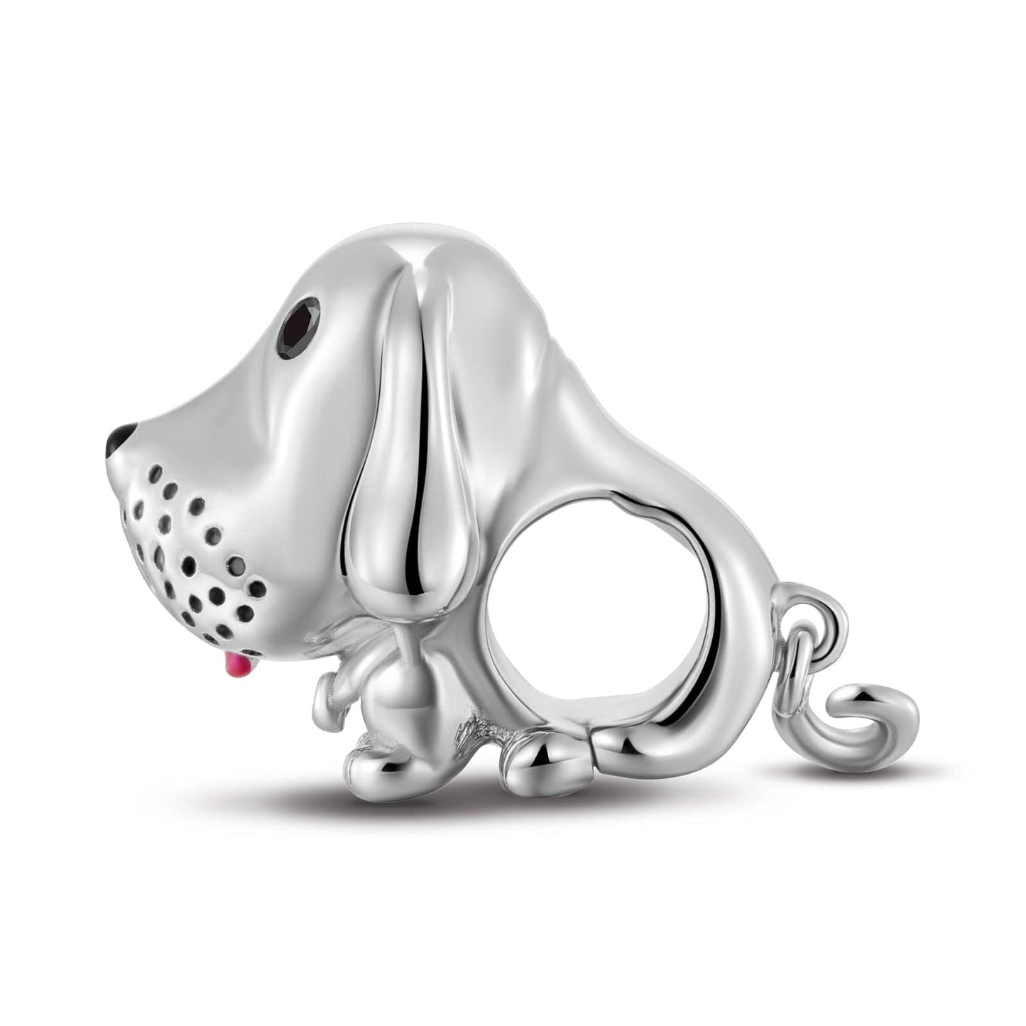 Sterling Silver Lucky Puppy Charms With Enamel In White Gold Plated