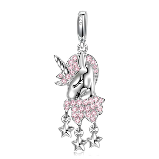 gon- Sterling Silver Charm Pink Unicorn Dangle Charms In White Gold Plated