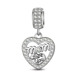 Sterling Silver 'Love You, Mom' Heart Dangle Charms In White Gold Plated