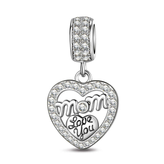 gon- Sterling Silver 'Love You, Mom' Heart Dangle Charms In White Gold Plated