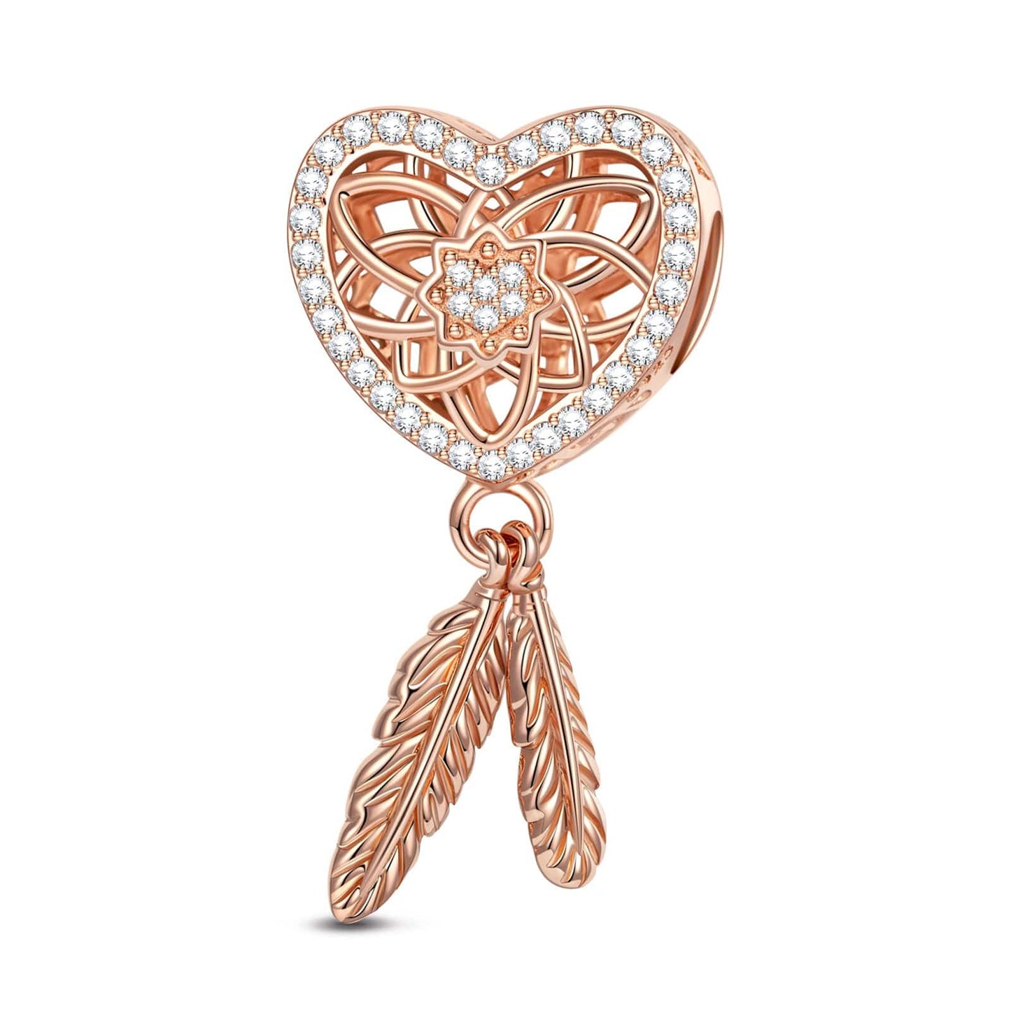 Sterling Silver Heart and Feather Dangle Charms In Rose Gold Plated