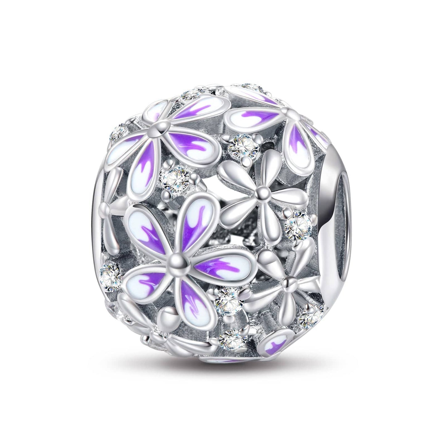 Sterling Silver Blossom Charms With Enamel In White Gold Plated
