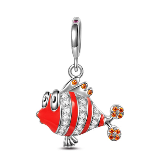 gon- Sterling Silver Clown Fish Nemo Dangle Charms With Enamel In White Gold Plated