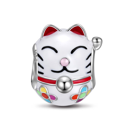 gon- Sterling Silver Lucky Cat Charms With Enamel In White Gold Plated