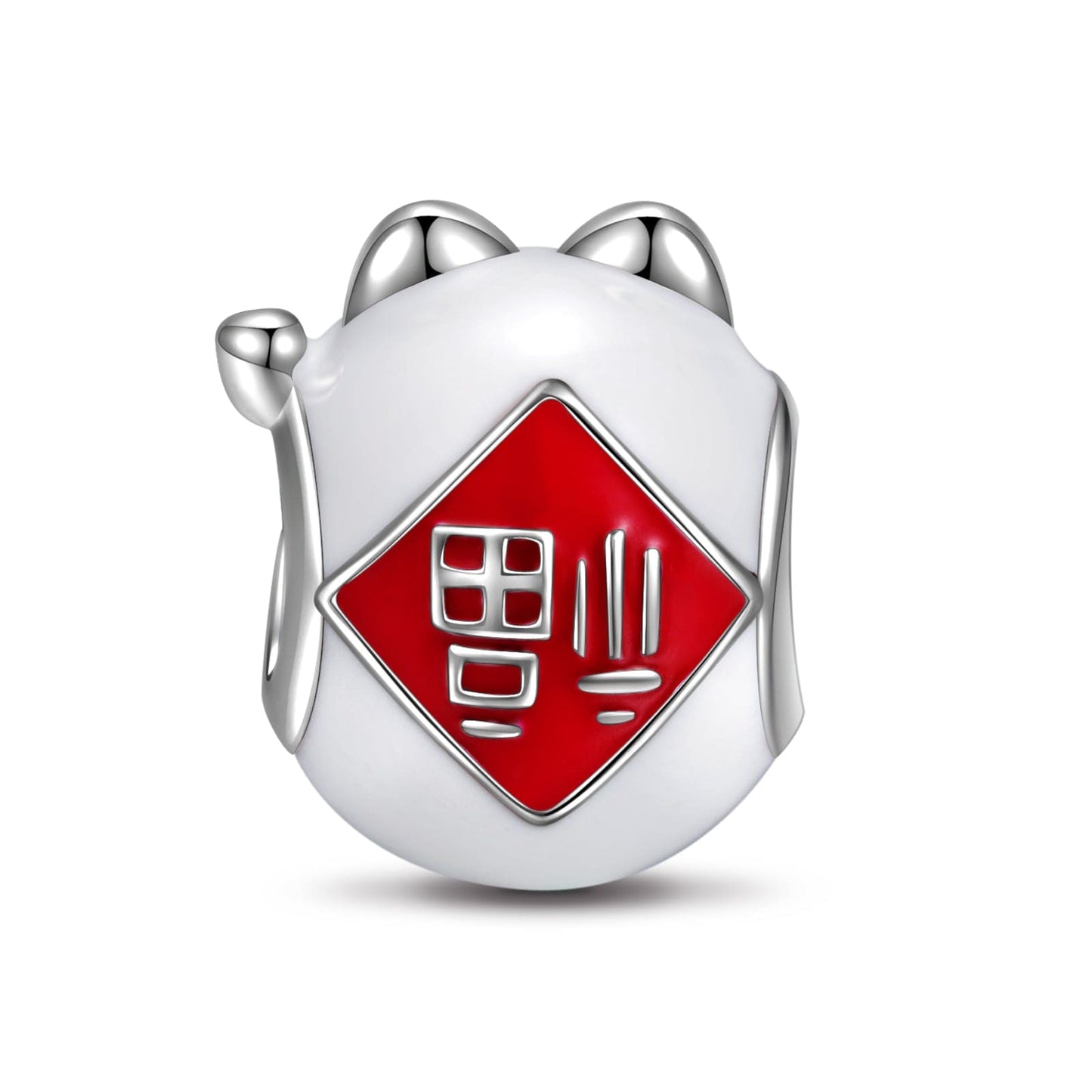 Sterling Silver Lucky Cat Charms With Enamel In White Gold Plated