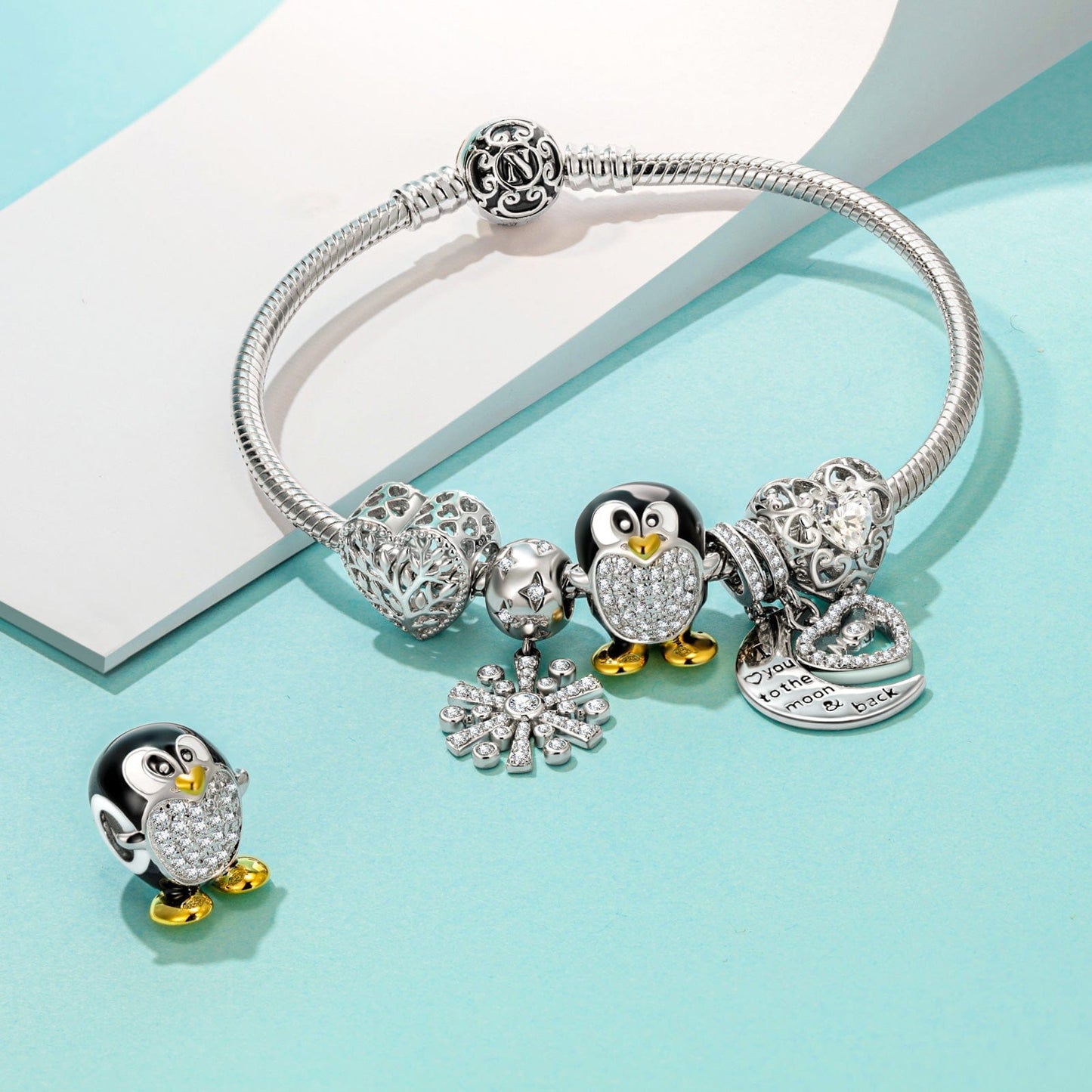 Sterling Silver Cute PenguIn Charms With Enamel In Two-Tone Plating