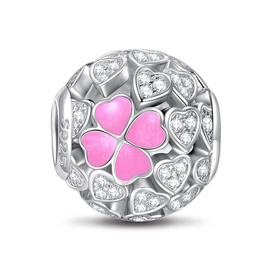 gon- Sterling Silver Pink Lucky Clover Charms With Enamel In White Gold Plated