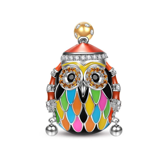 gon- Sterling Silver Ski Owl Charms With Enamel In White Gold Plated