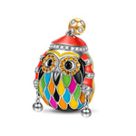 Sterling Silver Ski Owl Charms With Enamel In White Gold Plated