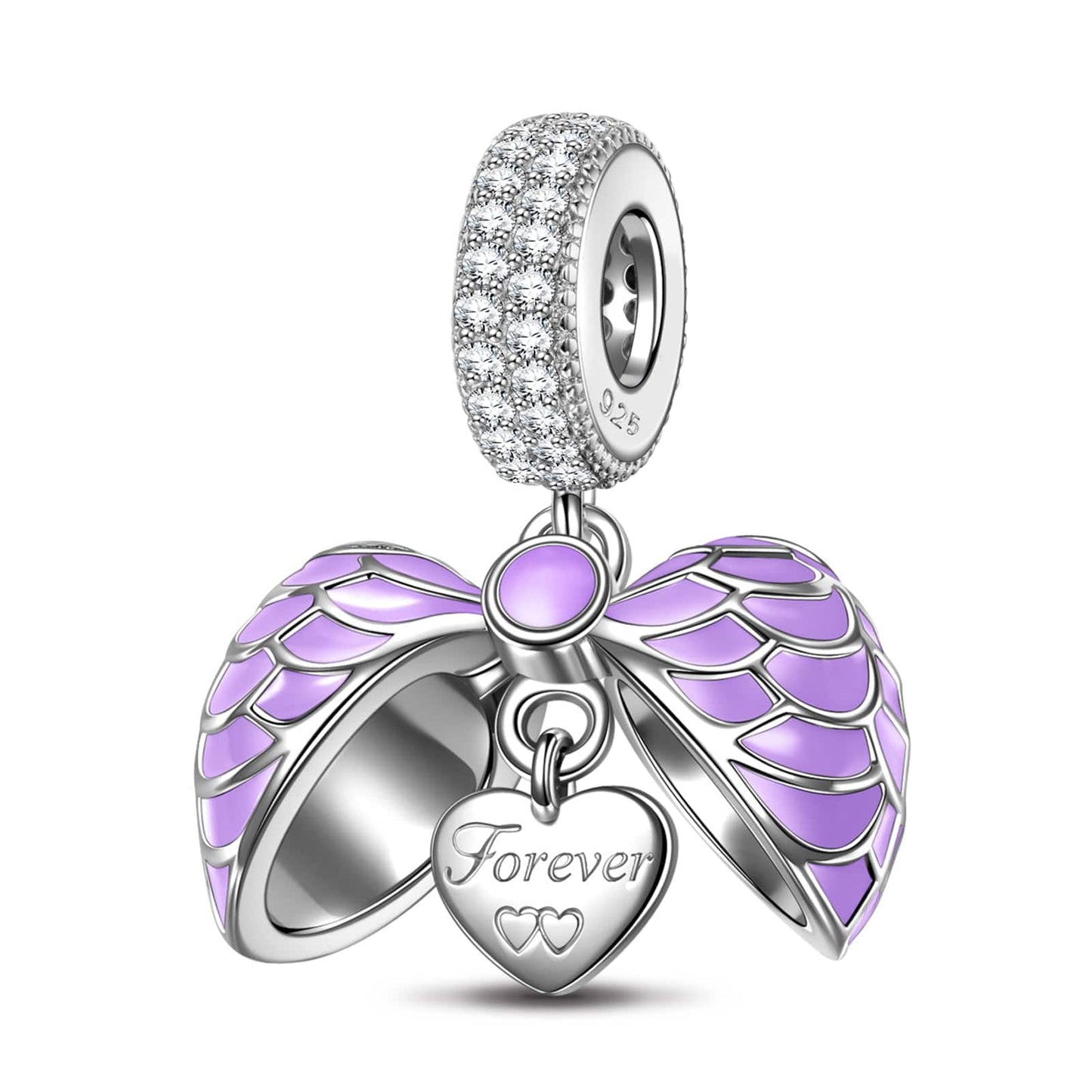 Sterling Silver Purple Surprising Love Dangle Charms With Enamel In White Gold Plated