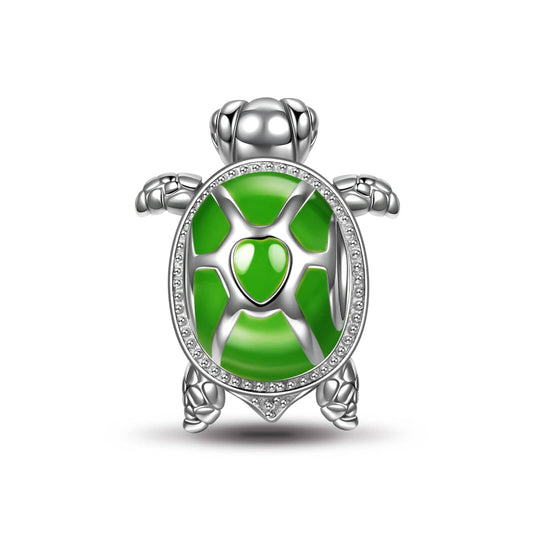 gon- Sterling Silver Green Turtle Charms With Enamel In White Gold Plated