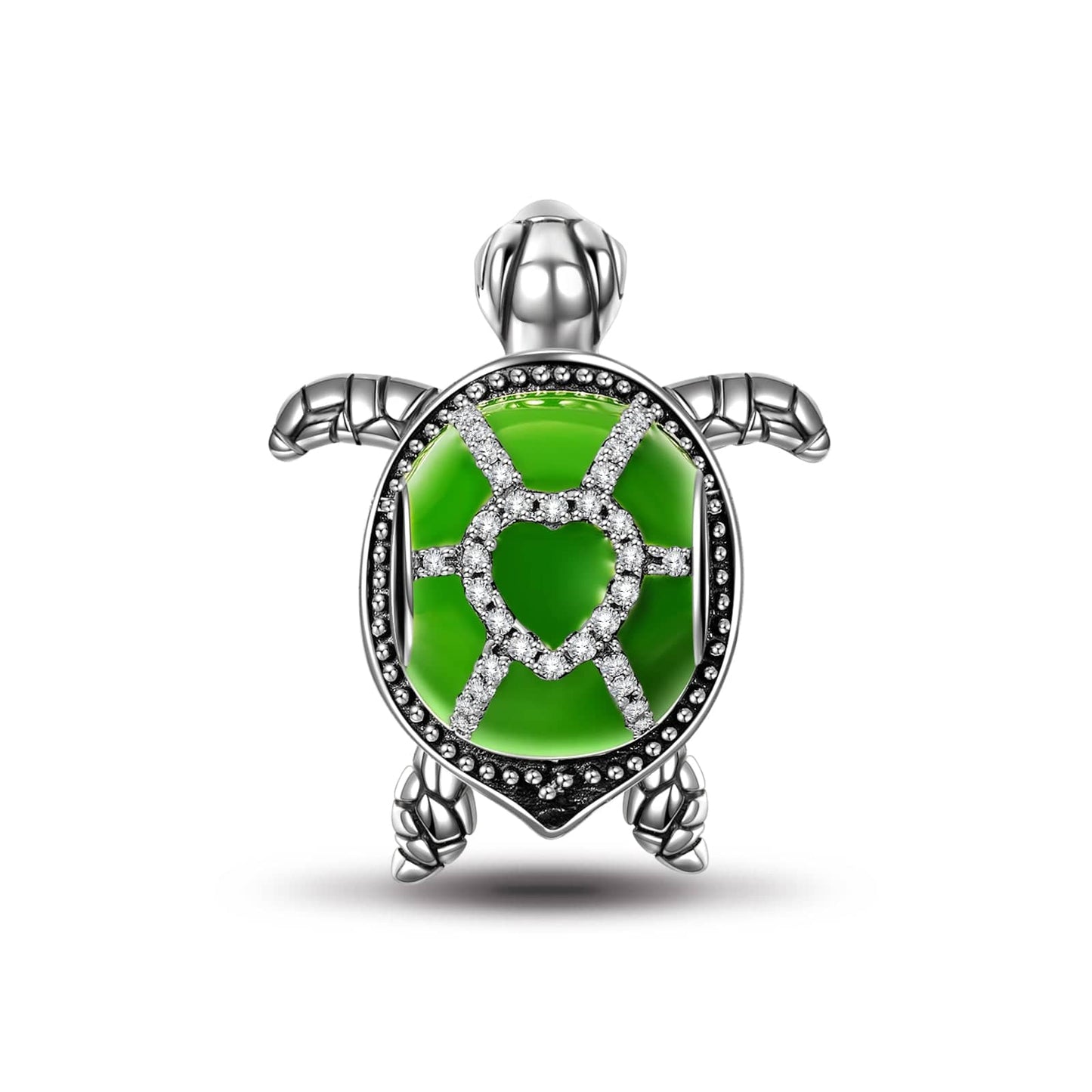 Sterling Silver Green Turtle Charms With Enamel In White Gold Plated