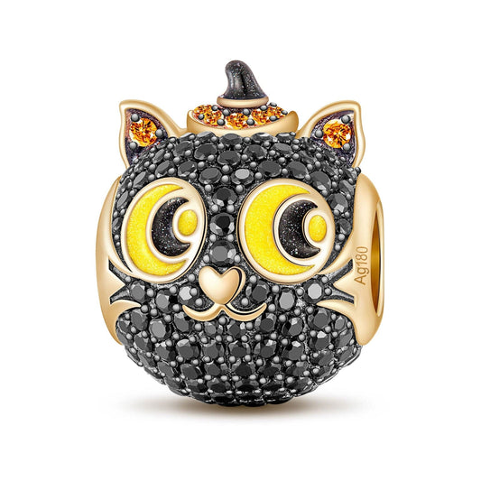 gon- Halloween Black Cat Tarnish-resistant Silver Charms With Enamel In 14K Gold Plated