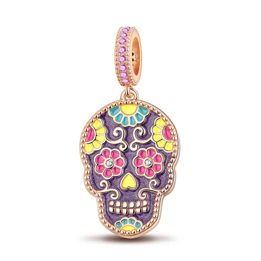 gon- Skull and Colorful Rose Tarnish-resistant Silver Dangle Charms With Enamel In Rose Gold Plated