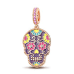 Skull and Colorful Rose Tarnish-resistant Silver Dangle Charms With Enamel In Rose Gold Plated