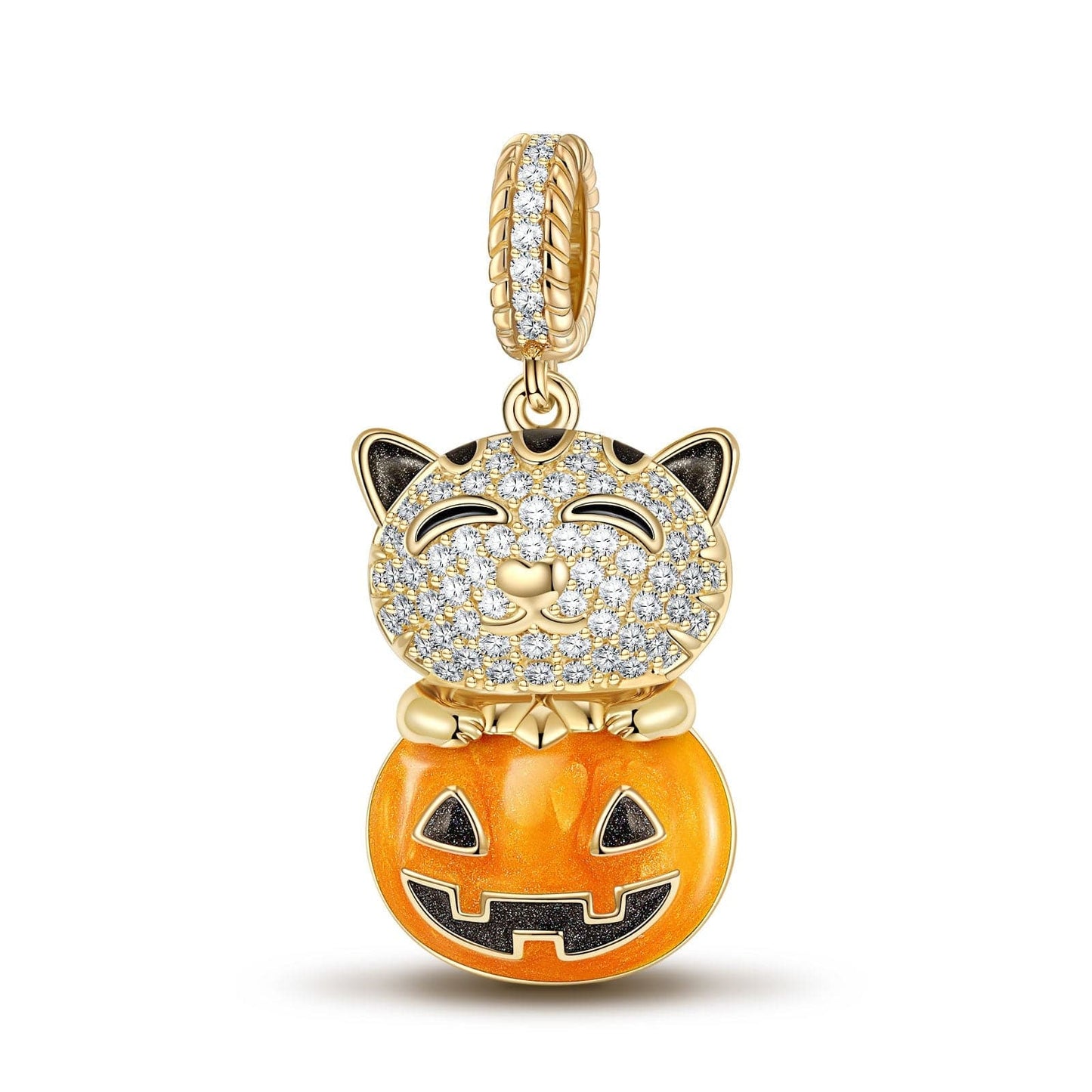 Cute Pumpkin Cat Tarnish-resistant Silver Dangle Charms With Enamel In 14K Gold Plated