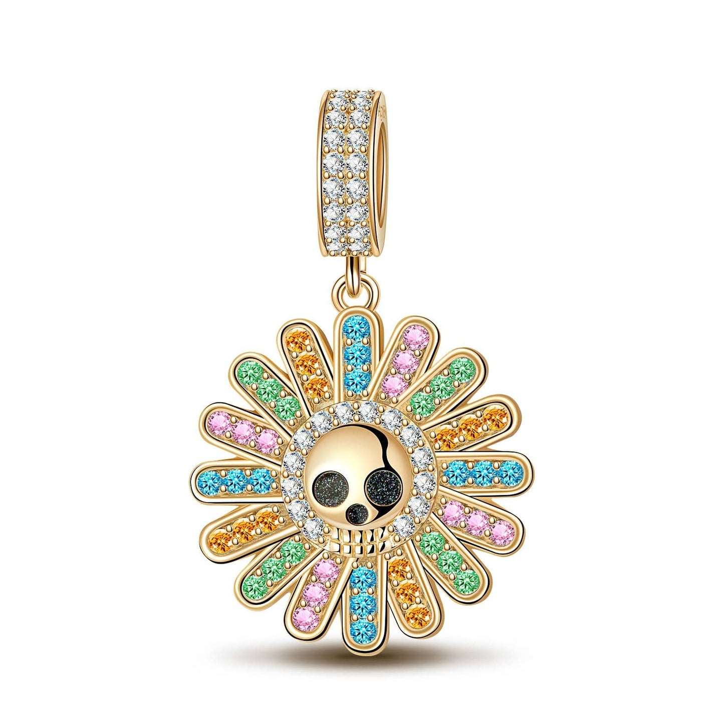 Colorful Flowers And Skulls Tarnish-resistant Silver Dangle Charms With Enamel In 14K Gold Plated