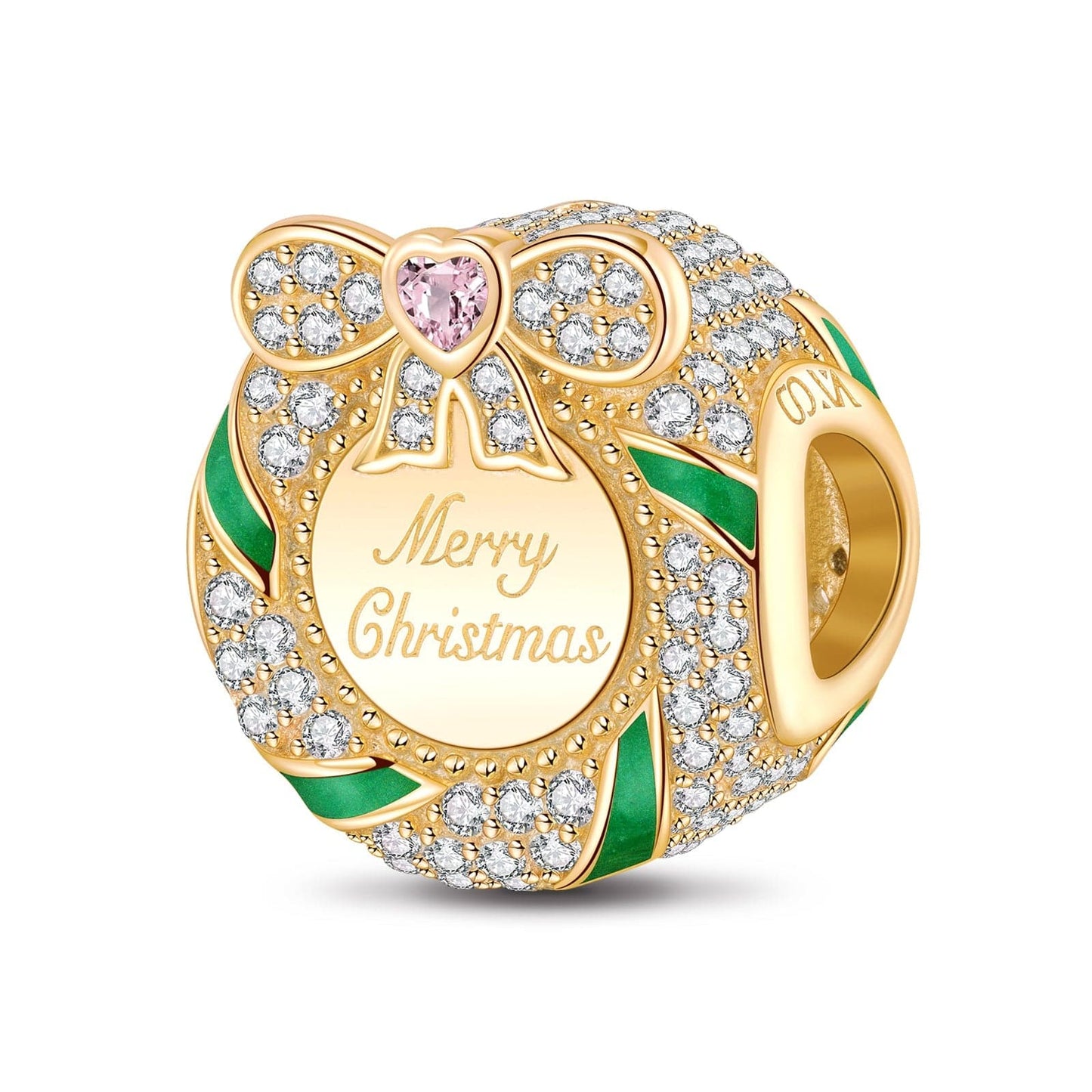 Merry Christmas Wreath Tarnish-resistant Silver Charms With Enamel In 14K Gold Plated