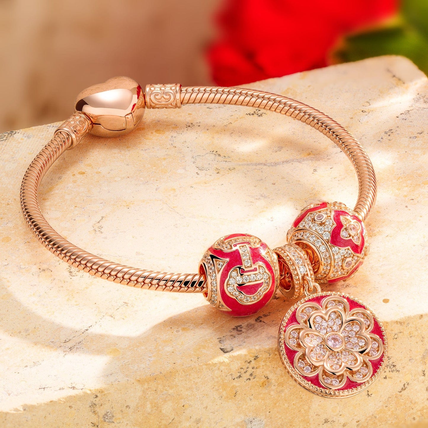 Four Leaf Clover Tarnish-resistant Silver Charms With Enamel In Rose Gold Plated