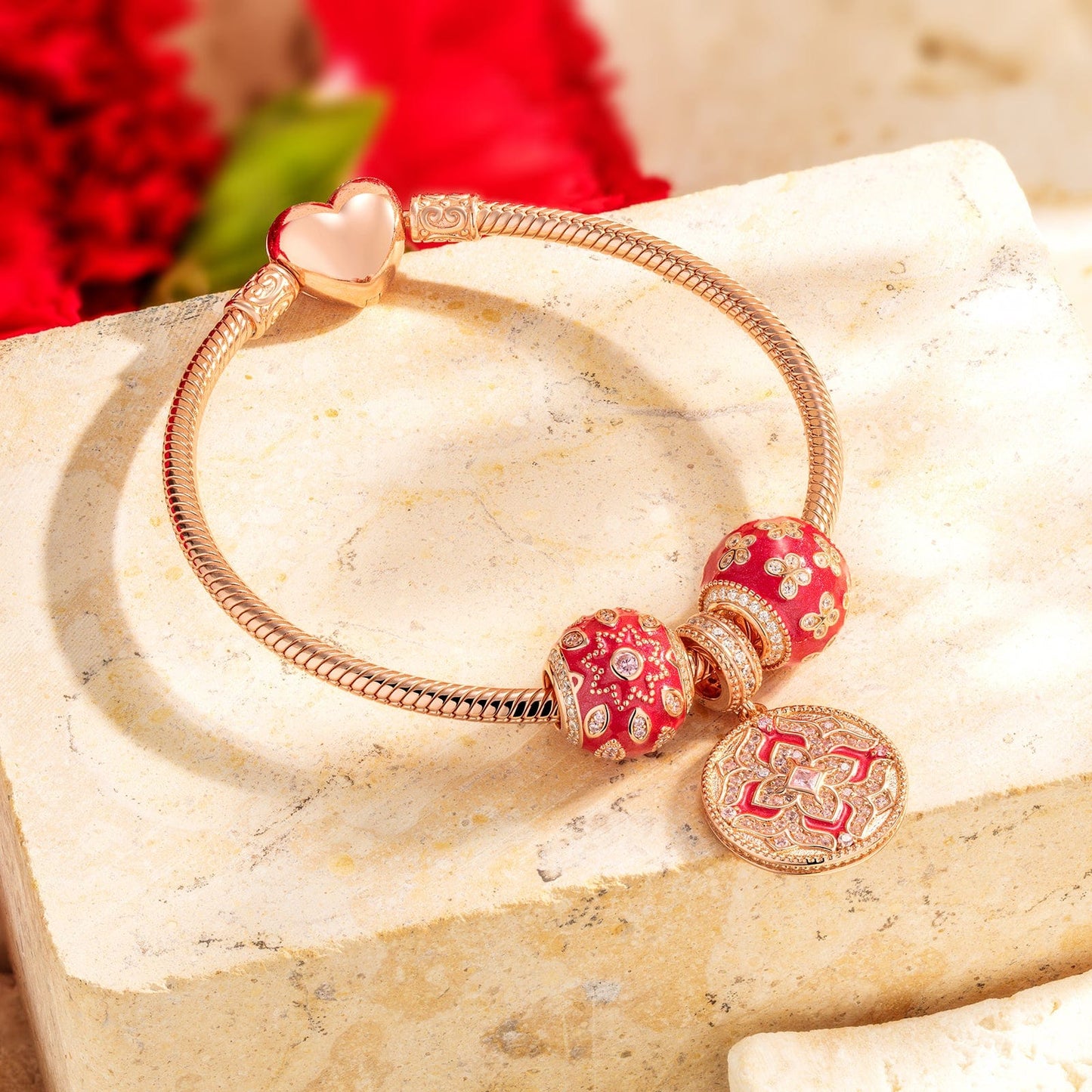 Scarlet Orange Light Tarnish-resistant Silver Dangle Charms With Enamel In Rose Gold Plated