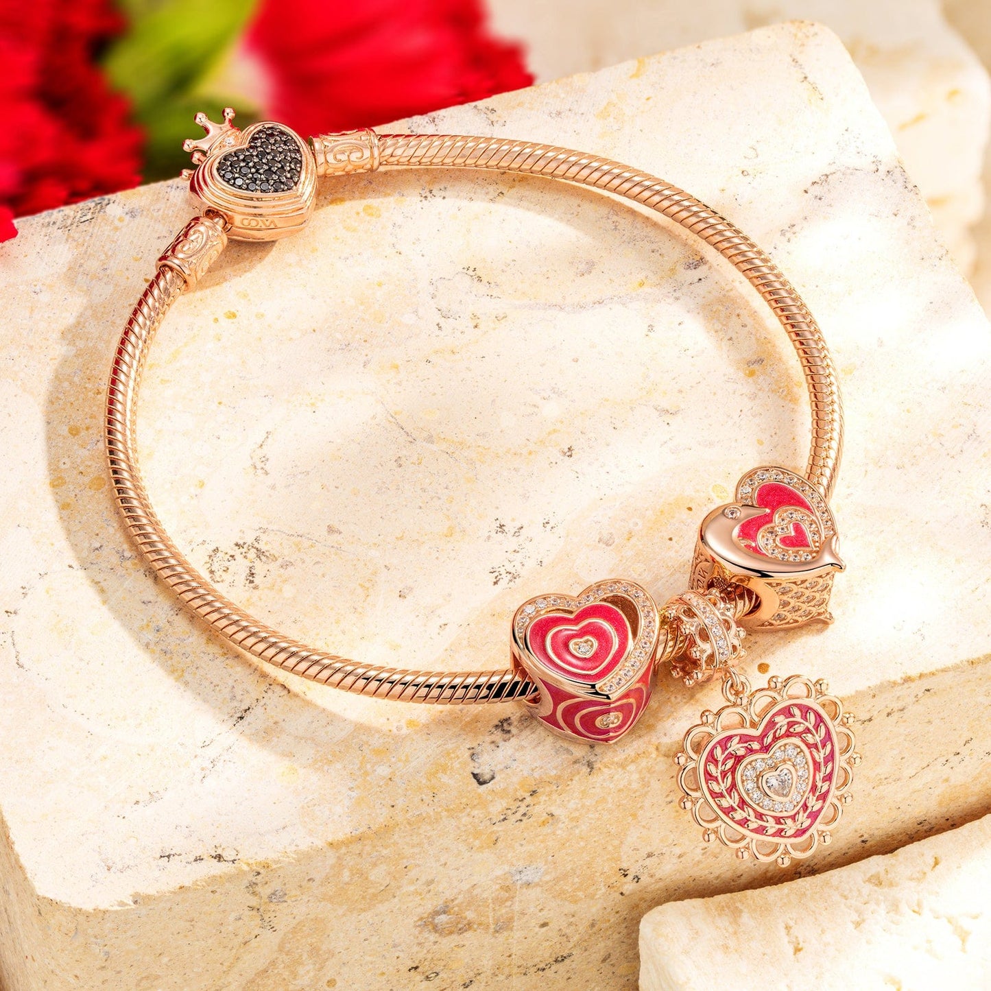 Heart To Heart Tarnish-resistant Silver Charms With Enamel In Rose Gold Plated