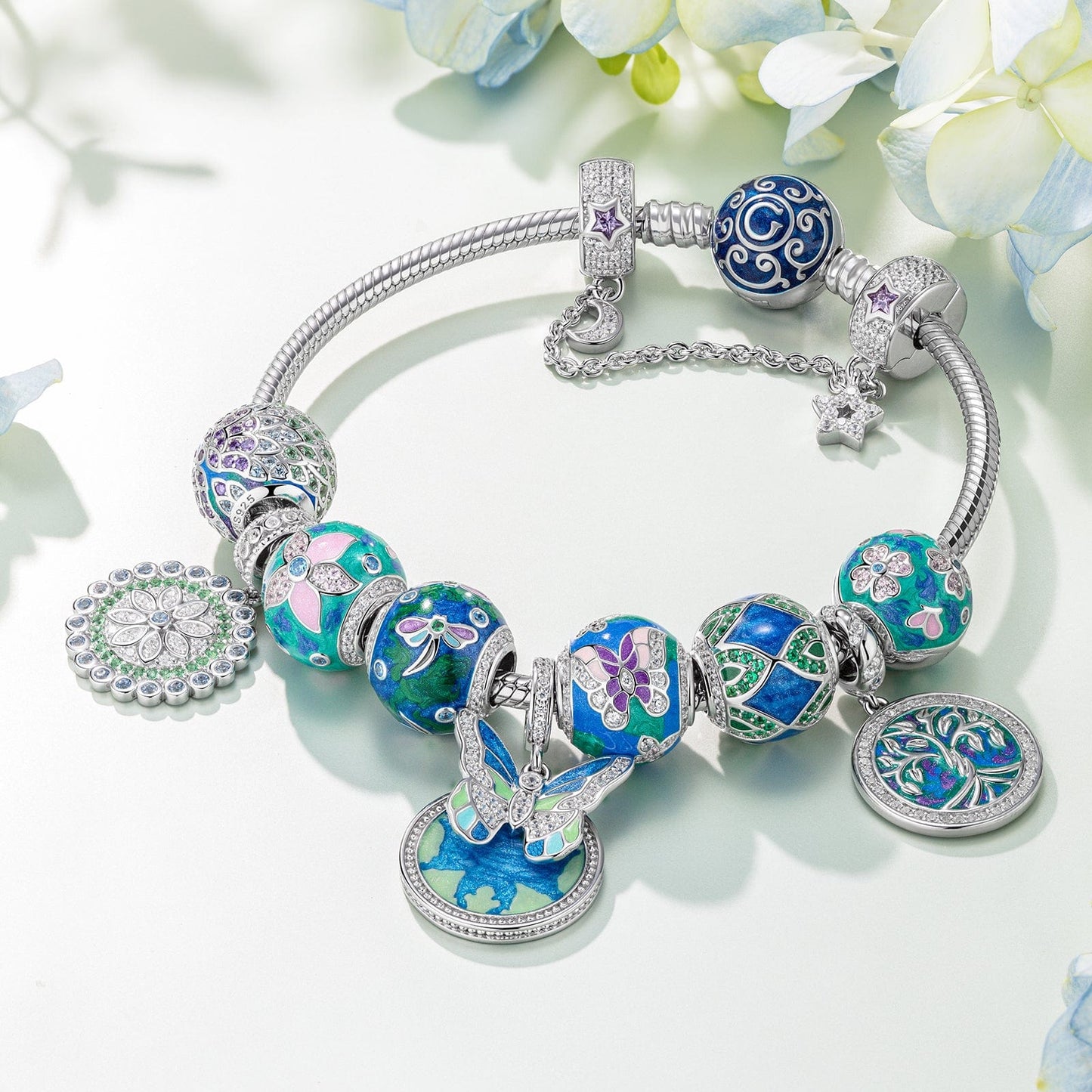Wisteria Butterfly Dance Tarnish-resistant Silver Charms With Enamel In White Gold Plated
