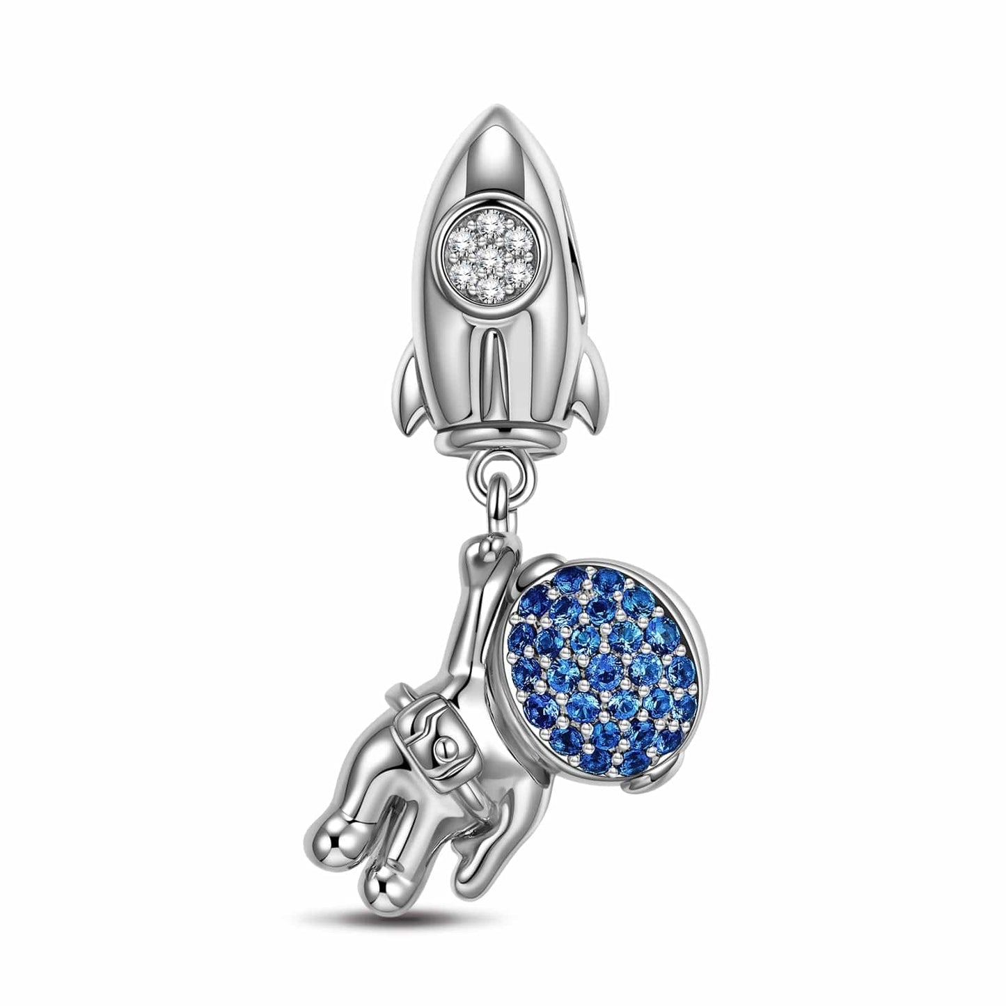 Sterling Silver Astronauts And Rockets Charms In White Gold Plated