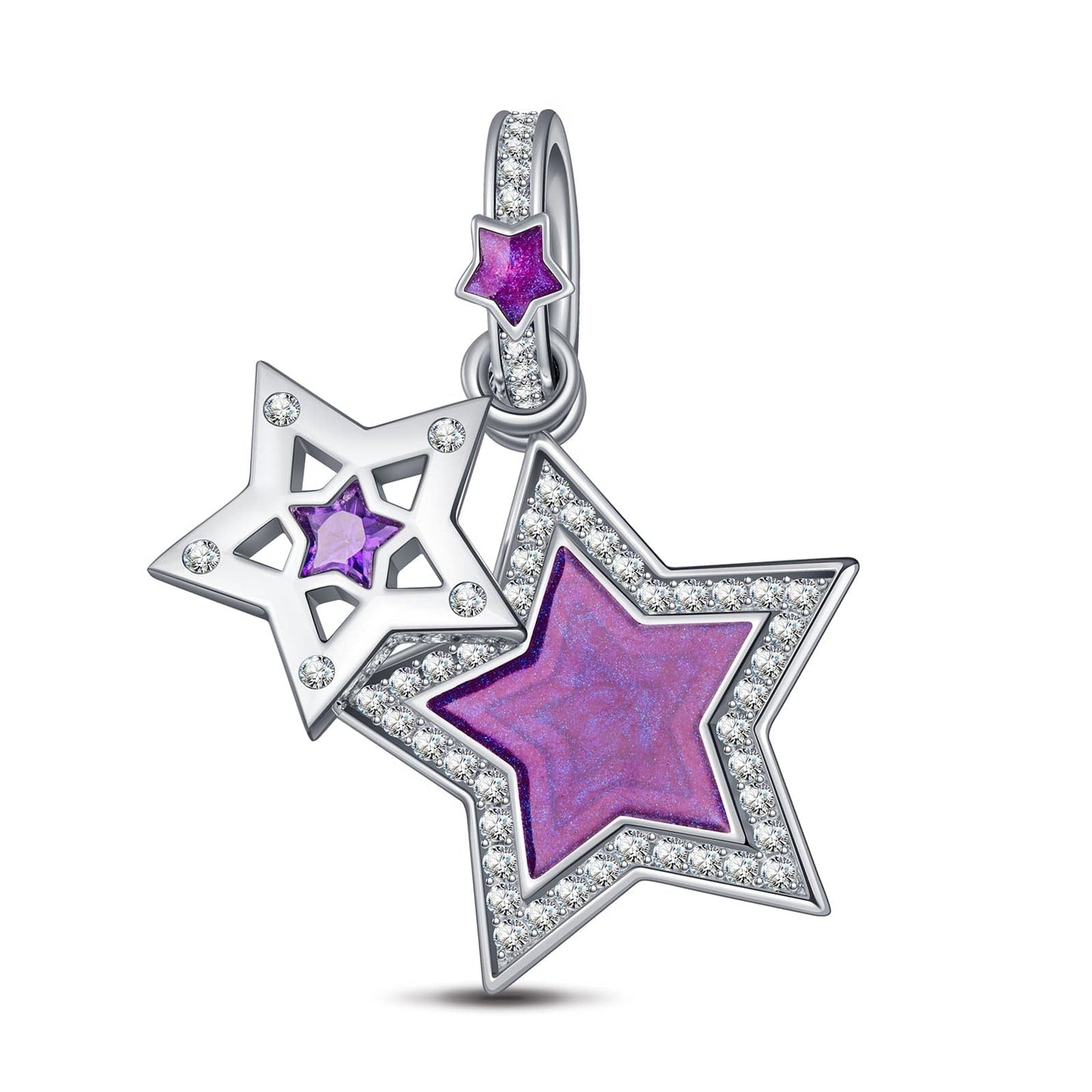 Sterling Silver The Purple Star Charms With Enamel In White Gold Plated