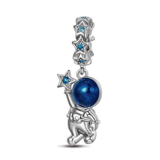 gon- Sterling Silver Astronaut Picking Stars Charms With Enamel In White Gold Plated