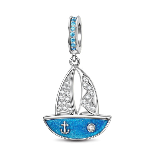 gon- Sterling Silver Blue Sailboat Dangle Charms With Enamel In White Gold Plated