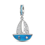 Sterling Silver Blue Sailboat Dangle Charms With Enamel In White Gold Plated