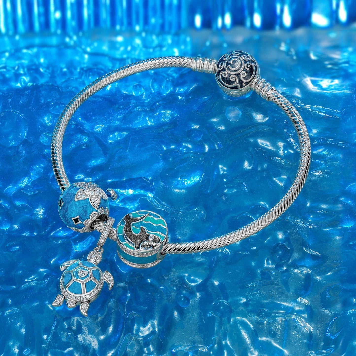 Sterling Silver Blue Turtle Dangle Charms With Enamel In White Gold Plated