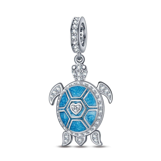gon- Sterling Silver Blue Turtle Dangle Charms With Enamel In White Gold Plated