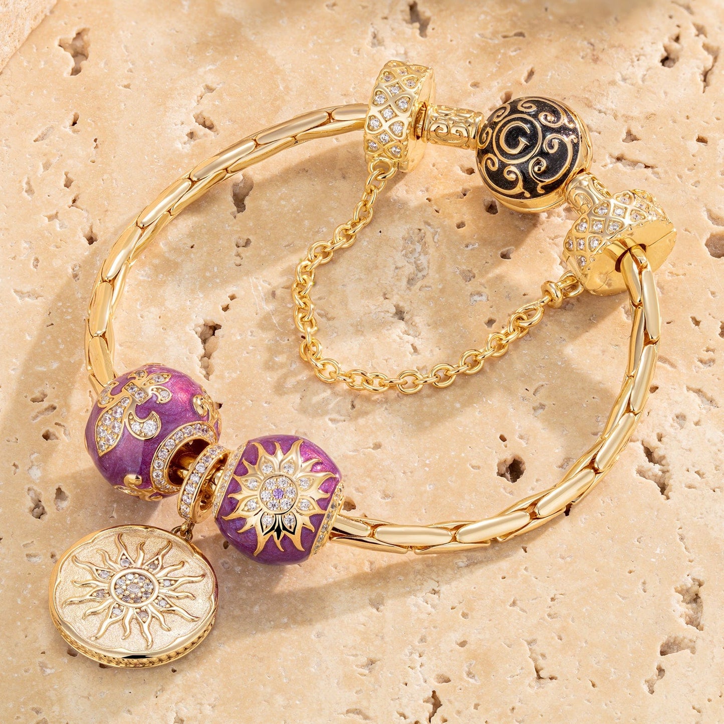Sterling Silver Versailles Sunflower Charms Bracelet Set With Enamel In 14K Gold Plated