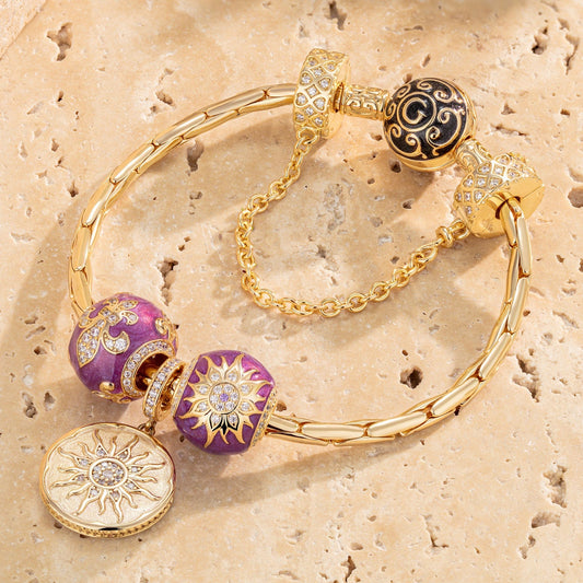 gon- Sterling Silver Versailles Sunflower Charms Bracelet Set With Enamel In 14K Gold Plated