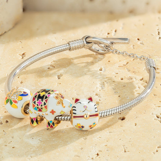 gon- Sterling Silver Animals Party Charms Bracelet Set With Enamel In White Gold Plated