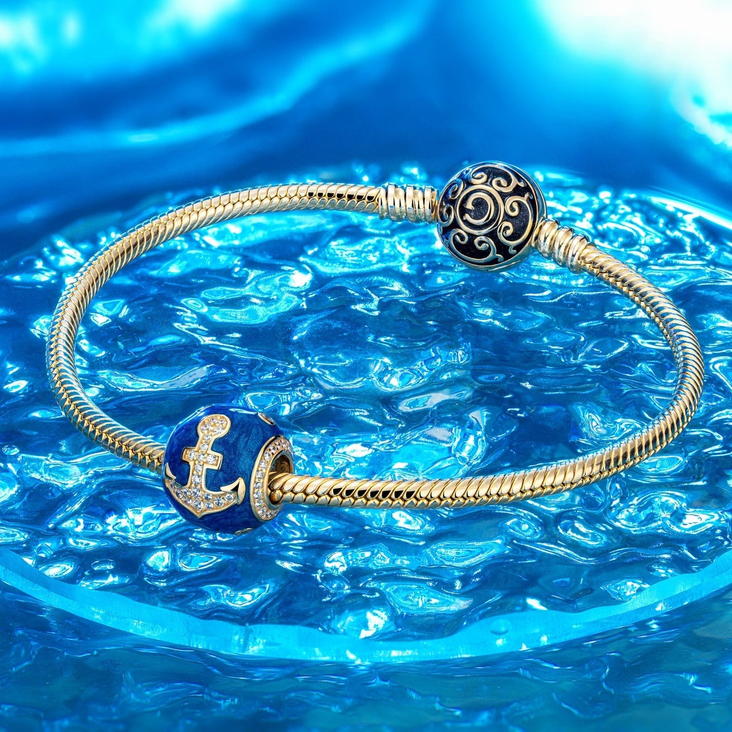 Anchor Blue Tarnish-resistant Silver Charms With Enamel In 14K Gold Plated - GONA