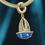 Blue Sailboat Tarnish-resistant Silver Dangle Charms With Enamel In 14K Gold Plated
