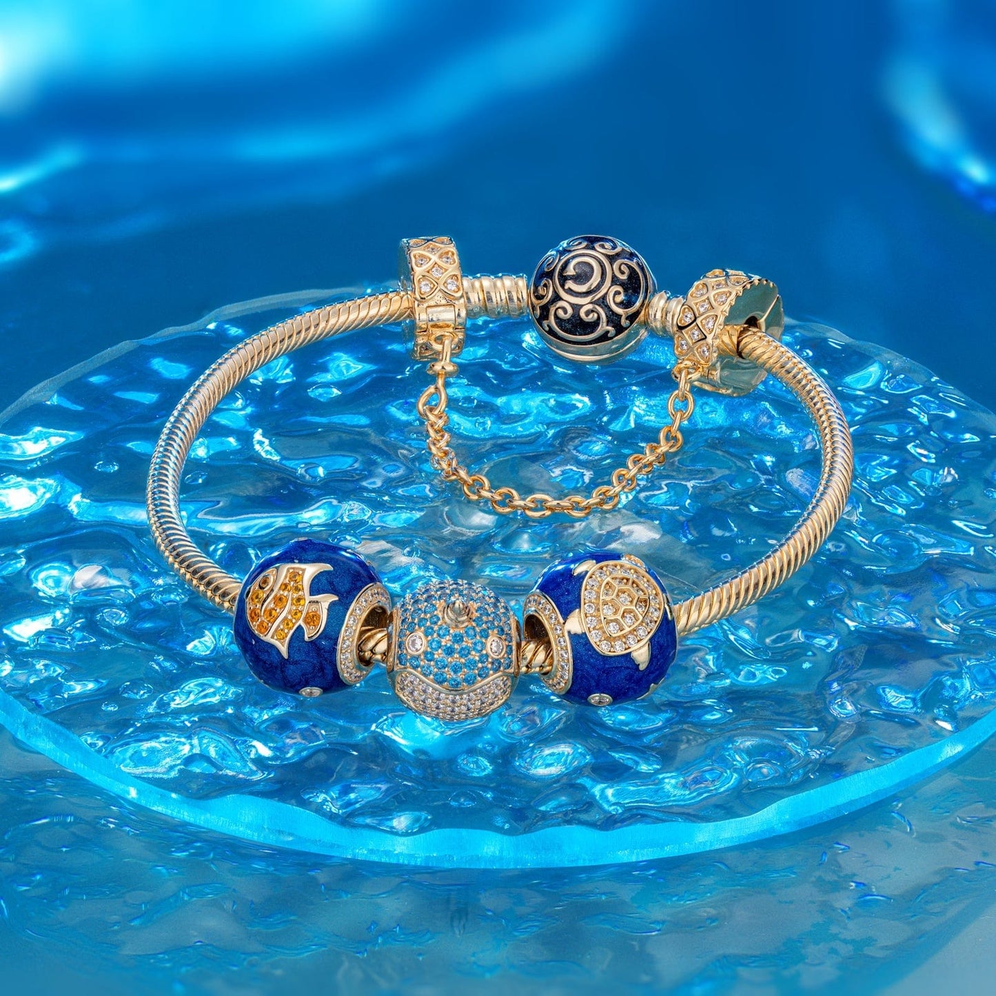 Blue Roaming Sea Turtle Tarnish-resistant Silver Charms With Enamel In 14K Gold Plated - GONA