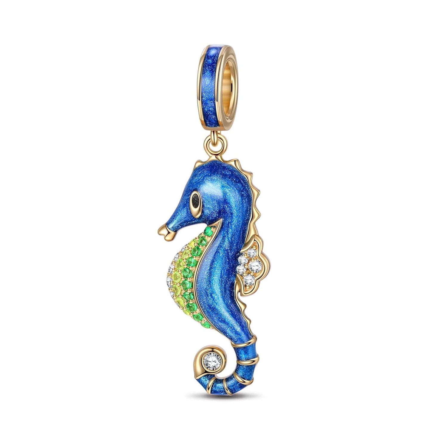 Blue Seahorse Tarnish-resistant Silver Dangle Charms With Enamel In 14K Gold Plated - GONA