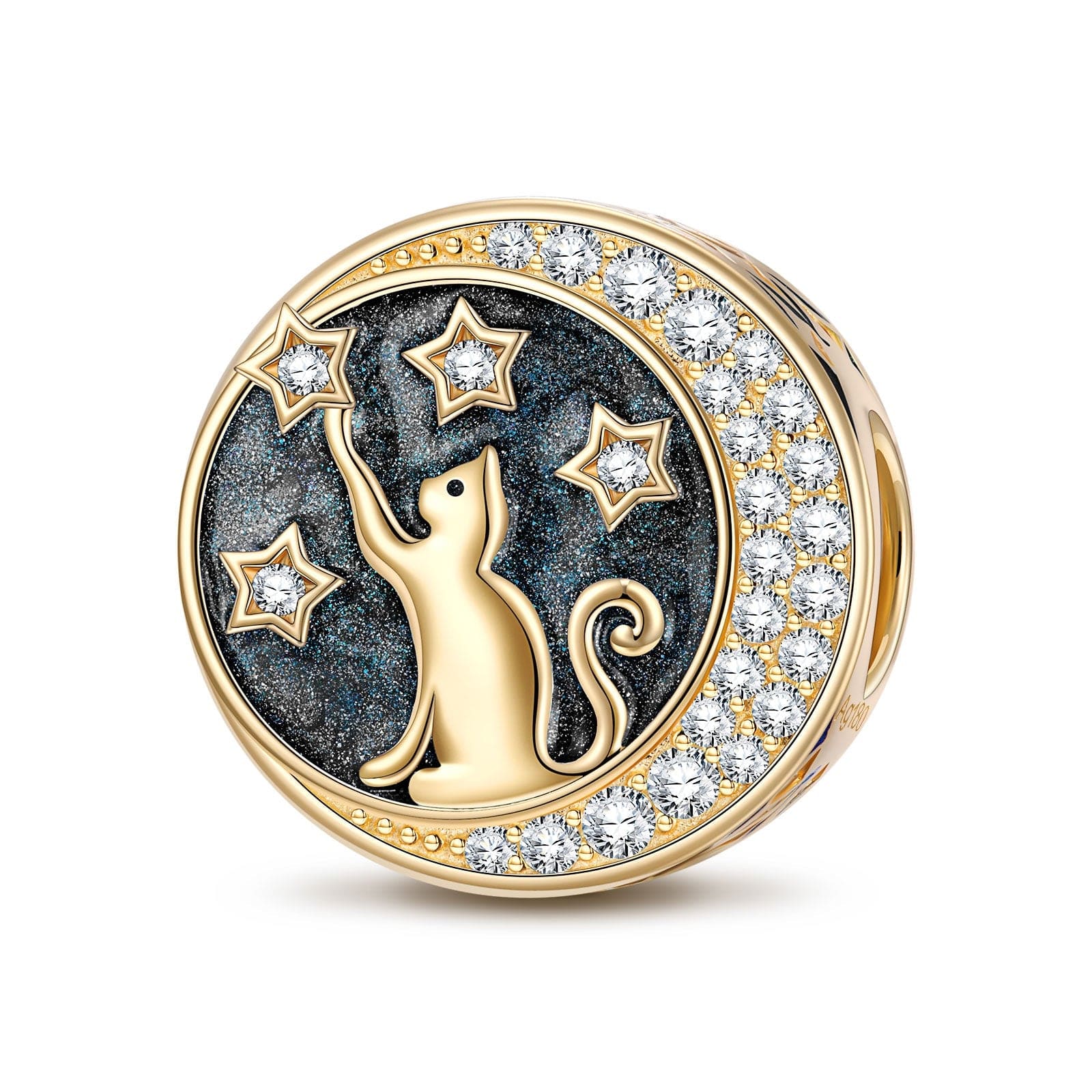 Cat Picking Stars Tarnish-resistant Silver Charms With Enamel In 14K Gold Plated - GONA
