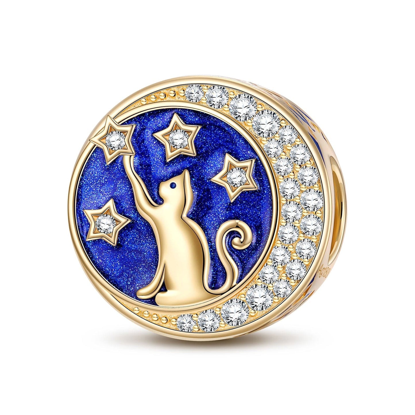 Cat Picking Stars Tarnish-resistant Silver Charms With Enamel In 14K Gold Plated - GONA