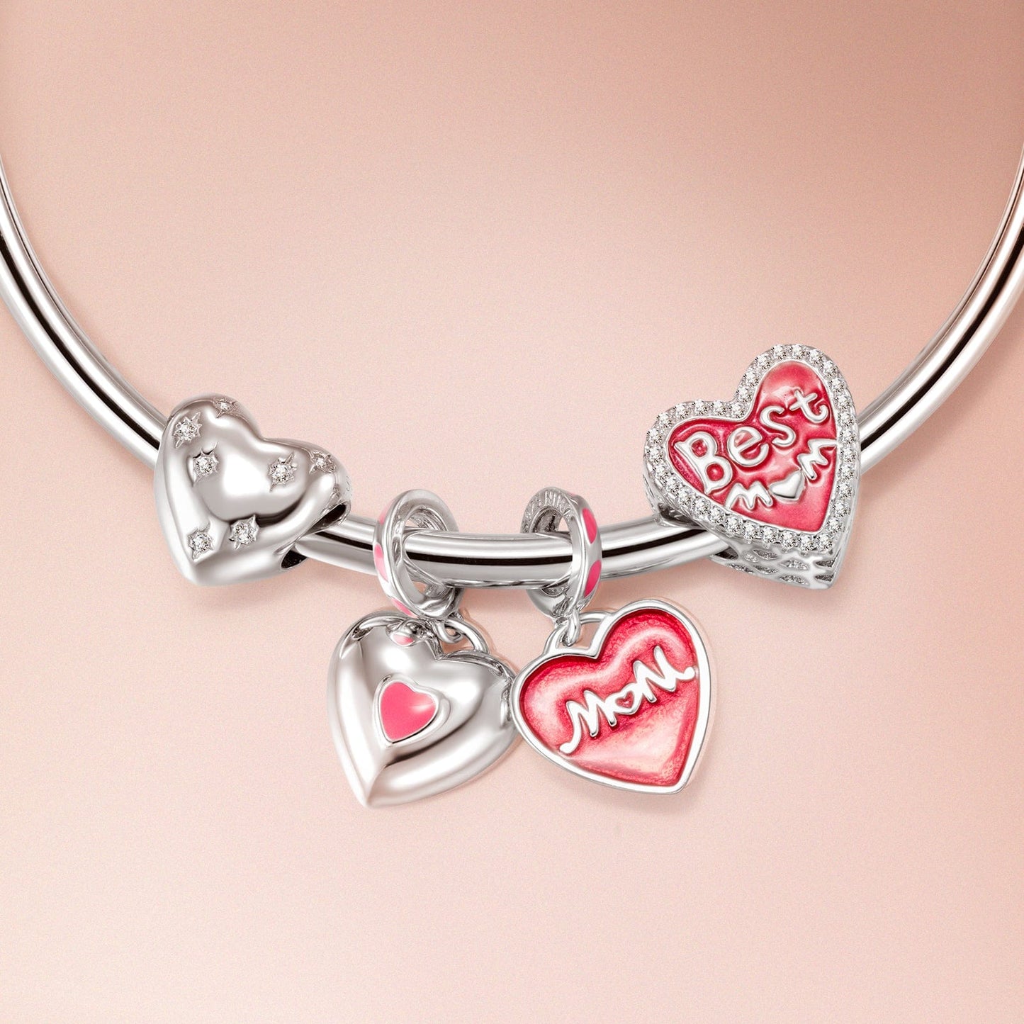 Sterling Silver Best Mom Charms With Enamel In White Gold Plated