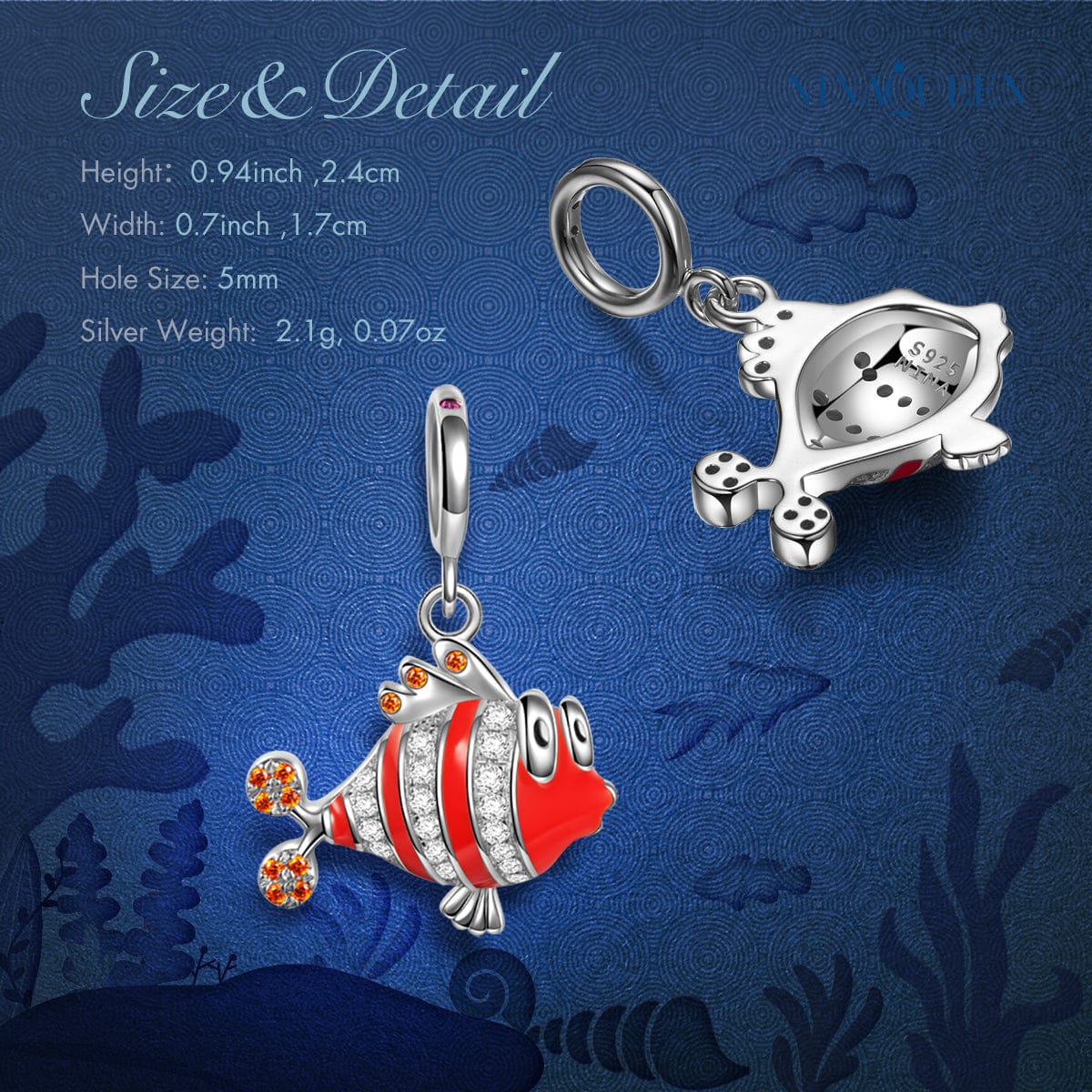 Sterling Silver Clown Fish Nemo Dangle Charms With Enamel In White Gold Plated