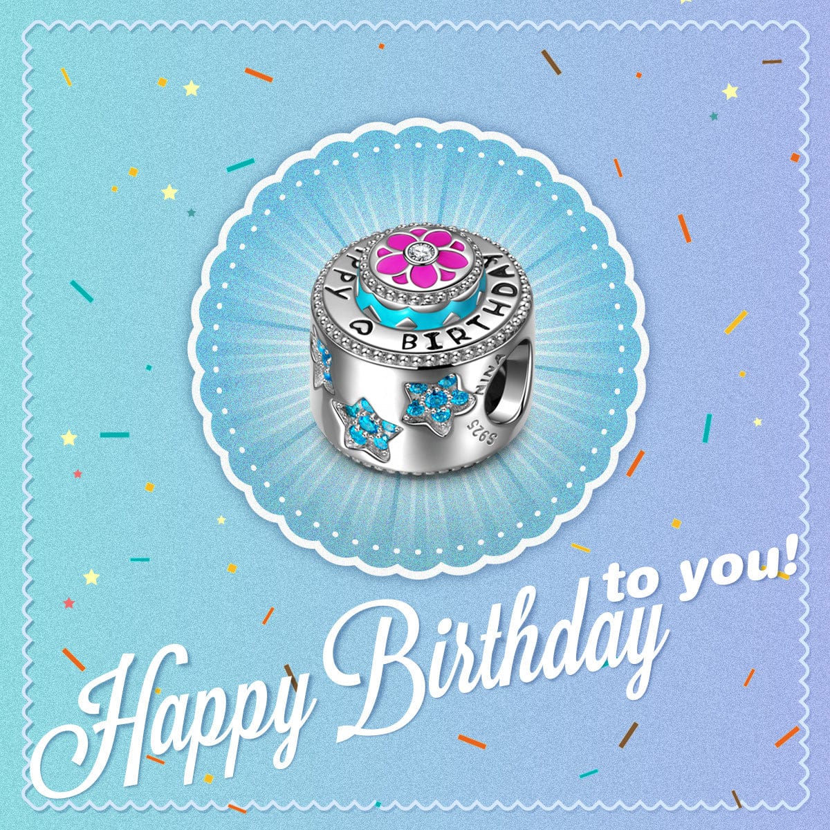 Sterling Silver Happy Birthday Charms With Enamel In White Gold Plated