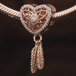 Sterling Silver Heart and Feather Dangle Charms In Rose Gold Plated